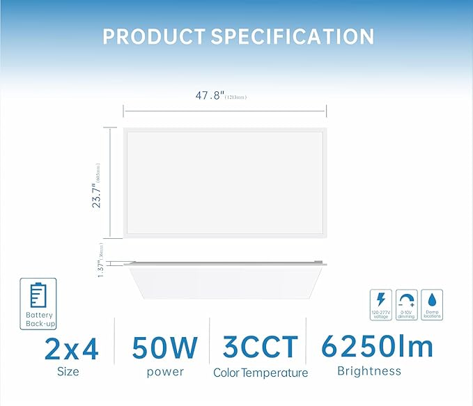 2X4 LED Flat Panel Light with Emergency Battery Backup, 50W 3000K/4000K/5000K, 0-10V Dimmable, 6500 Lumens, LED Drop Ceiling Light for commercial, 100-277V, DLC UL Listed, Ultra Thin Back-Lit (2 Pack)