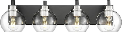 METWET Bathroom Light Fixtures, 4-Light Black and Brushed Nickel Bathroom Vanity Light, 26 Inch Modern Wall Sconces with Globe Clear Glass Shade, Vanity Lighting Fixtures Over Mirror, VL195-KN-4