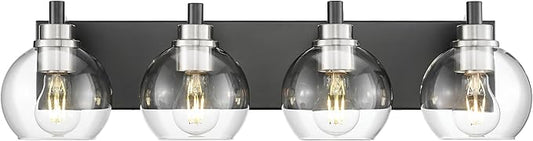 METWET Bathroom Light Fixtures, 4-Light Black and Brushed Nickel Bathroom Vanity Light, 26 Inch Modern Wall Sconces with Globe Clear Glass Shade, Vanity Lighting Fixtures Over Mirror, VL195-KN-4