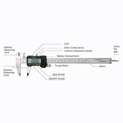 SCITOOLS Digital Caliper 0-8" Measuring Tool with Metal Ruler, Micrometer Caliper with Auto-Off Feature, Interchangeable Between inches and millimeters for DIY/Household and 3D Printing, Black