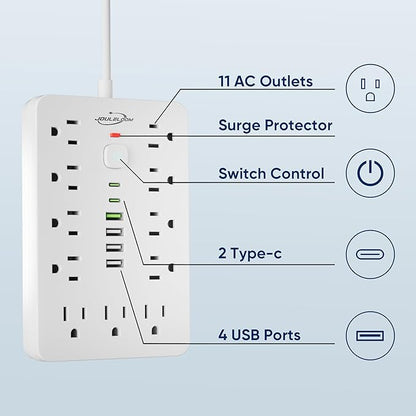 JouleLoom 20 FT Flat Plug Surge Protector Power Strip,11 Multiple AC Outlets with 6 USB Ports (2 USB C), 20 Feet Extension Cord, 1250W/10A, One Touch Switch Button, White
