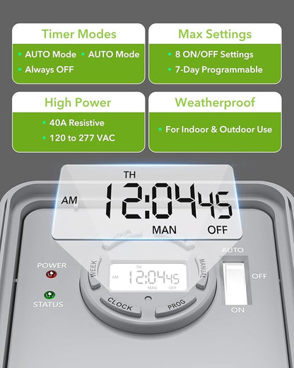 BN-LINK Pool Pump Timer, Outdoor Timer Box, Heavy Duty, 2HP 40A Max, 120, 240, 277 VAC, for Pool Pump, Water Heater, Fans, SPA, ETL Listed (Digital)