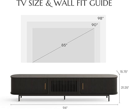 POVISON Fully-Assembled Mid Century Modern TV Stand for 75+ inch TV, Sliding Door Entertainment Center with Storage, Wood TV Console, Media Console for Living Room Bedroom(Black, 94.49")