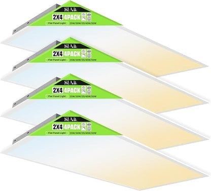 SLAclite 4 Pack 2x4 LED Flat Panel Light 50/40/35/30/25W 6500lm Adjustable, 0-10V Dimmable LED Flush Mount Ceiling Light Fixtures, 2.7K/3K/3.5K/4K/5K Selectable for Office Kitchen Garage - ETL Listed