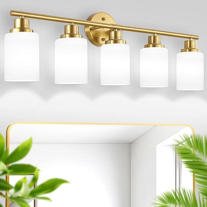 Guliaofo 5-Light Vanity Lights, Brushed Gold Bathroom Light Fixture with Striped Textured Milky White Glass Shade, E26 Modern Vanity Lighting Fixture for Bathroom Wall Sconce Light Over Mirror