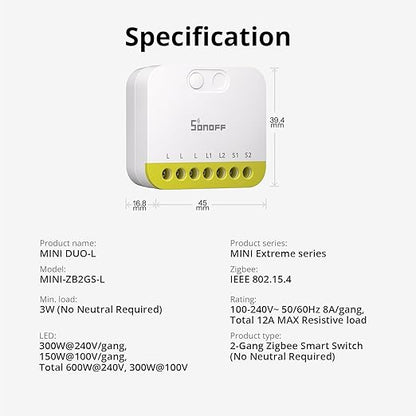 SONOFF MINI Duo-L Zigbee Smart Switch – No Neutral Wire, Zigbee 3.0, Dual Channel, Compact Design, Works with Alexa, Google Home