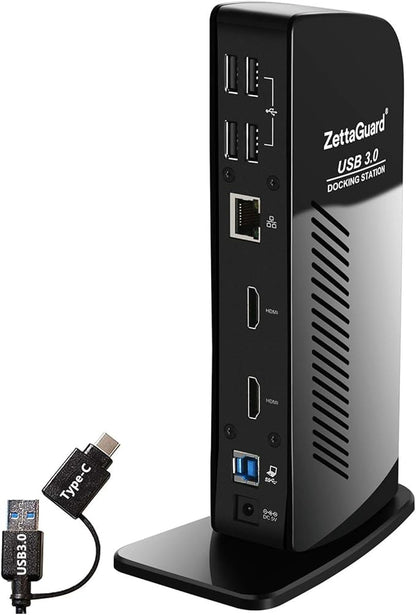 ZettaGuard USB 3.0 and USB-C Universal Laptop Docking Station for Windows and Mac (Dual 4K Video HDMI, Gigabit Ethernet, 6 USB 3.0 Ports, 3.5 mm Audio)