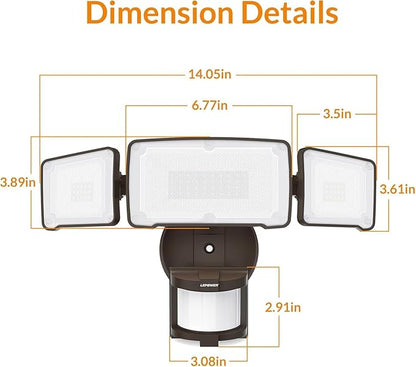 LEPOWER LED Security Light Motion Sensor Light Outdoor, 38W 4200LM Motion Security Light, 5500K, IP65 Waterproof, 3 Head Motion Detected Flood Light for Garage, Yard, Porch (Brown)