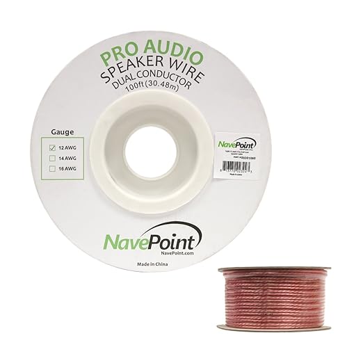 NavePoint 100ft in Wall Audio Speaker Cable Wire CL2 12/2 AWG Gauge 2 Conductor Bulk Clear