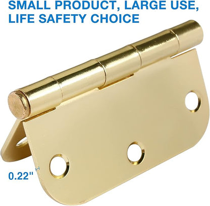 6 Pack Rounded Door Hinges 3.5 inch X 3-1/2" 5/8 Radius, Polished Brass 3 ½ Inch Gold Interior Standard Hinge for Bedroom Wood/French Style Clear Glass Doors Easy Install Hardware Decor Accessories