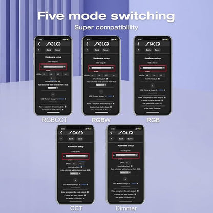 ESP32 PWM WLED LED Controller 5 Modes in 1 DC 12-24V WiFi Wireless App Control Easy Wiring DIY Static Dynamic Mode Lighting For Analog RGBCCT RGBW RGB WWCW CCT Dimmer Strip Light WLED Pre-installation