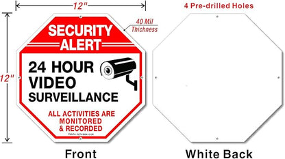 Video Surveillance Signs (2 Pack) 12 x 12 Rust Free .040 Aluminum Security Warning Reflective Metal Signs, Indoor or Outdoor Use for Home Business CCTV Security Camera, UV Protected & Waterproof