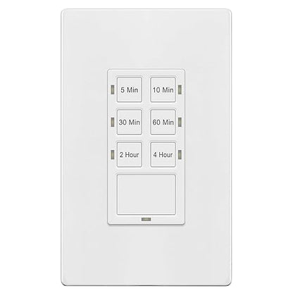 TG 4-Hour No Neutral Countdown Timer Switch, 5-10-30-60 Min, 2-4 Hour, for Bathroom Fans, Lights, 120VAC, Ground Wire Required, UL Listed, TS-C4HG, Screwless Wall Plate, White