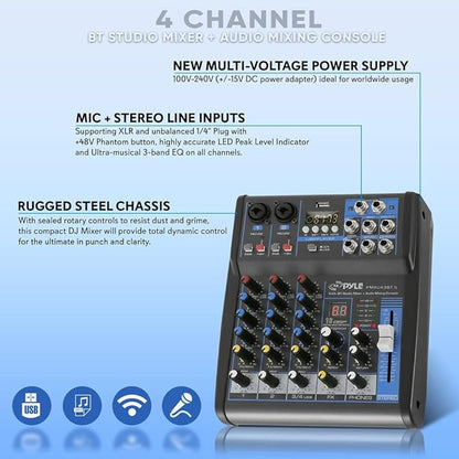 Pyle Professional Audio Mixer Sound Board Console System- Interface 4 Channel Digital USB Bluetooth MP3 Computer Input 48V Phantom Power Stereo DJ Studio Streaming FX 16-Bit DSP Processor- PMXU43BT.5