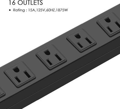 Metal Wall Mount Power Strip, Mountable Power Outlet, Aluminum Alloy Mount Power Socket with Switch, 6 FT SJT 3/C 14AWG Power Cord, 15A 125V 1875W (16 Outlet)