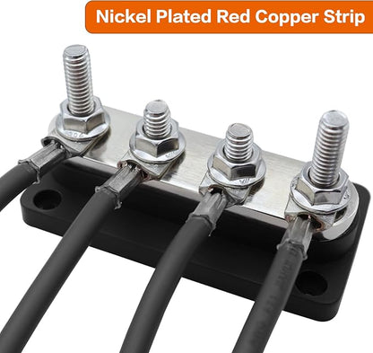 AMOMD 300A Bus Bars 4 Studs (5/16 inch) M8 Nickel Plated Copper Distribution Block Negative Electrical Buss Bars 12-48 V DC with Cover for Trailer Marine Boat Car RV (Black)