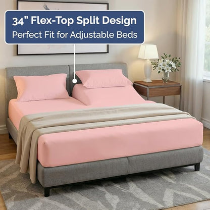 Split Head King Sheet Set – 4 Piece Flex Split Top King Sheets for Adjustable Beds - Fits 14” to 16" Mattress w/ Deep Pockets - Soft, Breathable & Cooling - Luxury Bedding and Wrinkle Free - Baby Pink