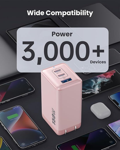150W USB C Charger Block,GaN III Compact Foldable Wall Charger 3 Port Fast Charging Station,PD QC PPS Portable USB C Hub 100W Laptop Adapter for MacBook Pro/Air,iPad,iPhone 17/Pro,Galaxy S24,Dell etc