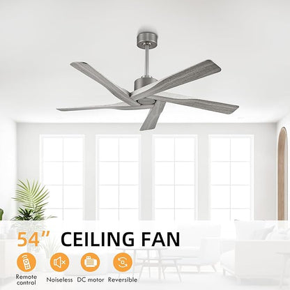 WINGBO 54" ABS DC Ceiling Fan No Light, 5 Blade Wood Grain ABS Ceiling Fan with Remote, 6-Speed Reversible DC Motor, Ceiling Fans without Light for Kitchen Bedroom Living Room, Antique Nickel and Grey