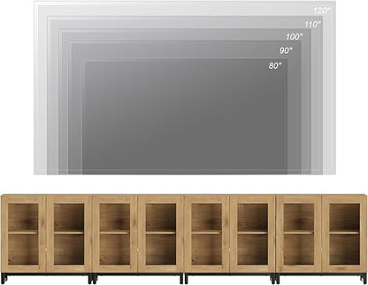 WAMPAT Modern TV Stand with Glass Doors for 120 inch TVs, 4 in 1 Entertainment Center Console with Adjustable Shelves and Metal Base for Living Room, Bedroom, Oak