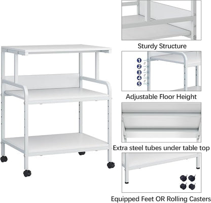 Arbuxzuy Large Printer Stand with Storage Shelf, 23.6" W x 18.9" D Printer Cart with Wheels, 3 Tier Mobile Printer Table for Home Office,Stands for Heat Press Scanner Fax (White)