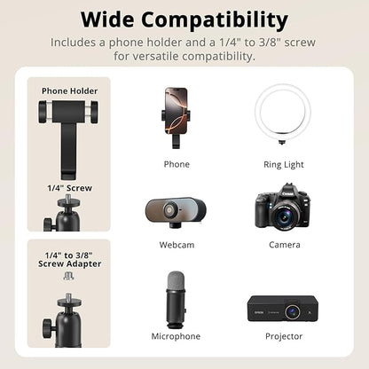 SupeDesk Overhead Camera Mount, Adjustable Desk Mount with Flexible Aluminum Spring Arm, 360° Ball Head, 1/4" 3/8" Screw & Phone Clamp for DSLR Cameras, Light, Heavy Microphones, and Smartphones