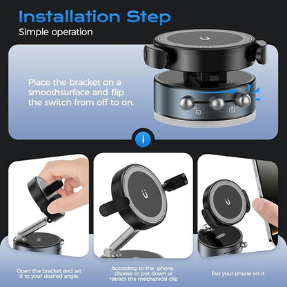 360° Rotation Clip on Car Phone Mount, 2 IN 1 Adjustable Magnetic Car Phone Holder Vacuum Suction Cup Phone Stand Foldable Cellphone Mount with Concealable Ears for All Smartphones