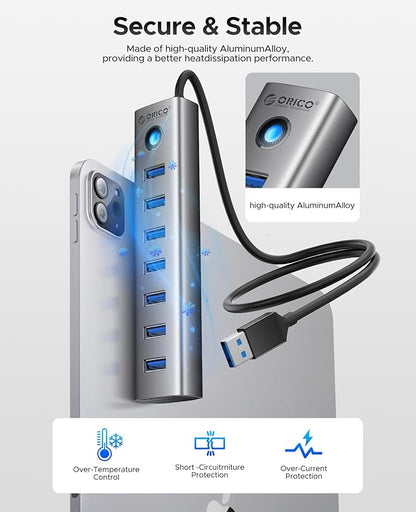 ORICO 7-Port USB 3.0 Hub, Aluminum USB Multiple Adapter, 5Gbps USB Extender USB Splitter with 1.64Ft Cable, UBS-A Hub Long Cable for Desktop, PC, Flash Drive, Mobile HDD, Windows/XPS
