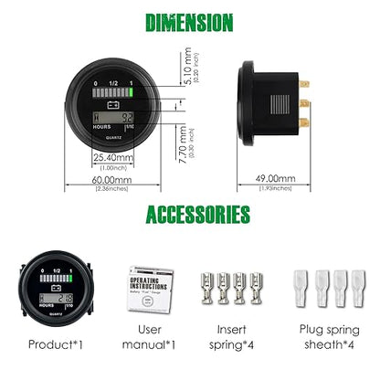 Yooreal 12/24V 36/48V 72V Golf Cart Battery Meter,Hour Meter&Battery Indicator Gauge Meter Lead-Acid Battery(Excluded Trojan),Charging Reminder,for Golf Cart Club Car RV Forklift Tractor ETC