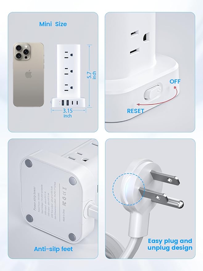 Tower Power Strip with 15W Wireless Charger, 6FT Flat Plug Extension Cord with Multiple Outlets, 12 AC Outlets, 4 USB Ports (2 USB C) Charging Station Surge Protector for Office Home Dorm Room (White)