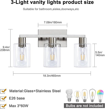 SOPEAS 3-Light Vanity Lights,Brushed Nickel Vanity Light,with Clear Glass Shade for Bathroom Light Fixtures, Bathroom Light Fixtures Over Mirror