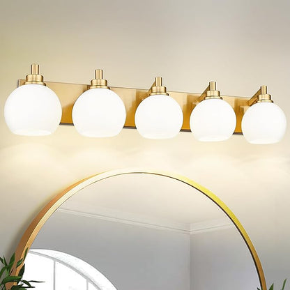 METWET Bathroom Light Fixtures, 5-Light Brushed Gold Bathroom Vanity Lights Over Mirror with Globe Milk White Glass Shade, 32 Inch Modern Vanity Lighting Fixtures, VL195-BG-ML-5