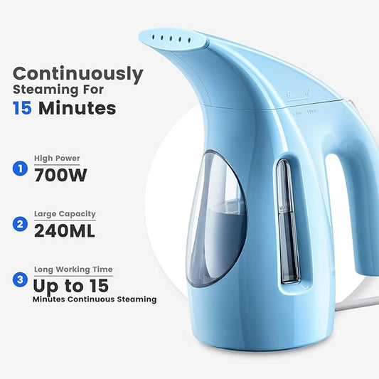 HiLIFE Steamer for Clothes, Portable Handheld Design, 240ml Big Capacity, 700W, Strong Penetrating Steam, Removes Wrinkle, for Home, Office(ONLY FOR 120V) (Sky Blue)