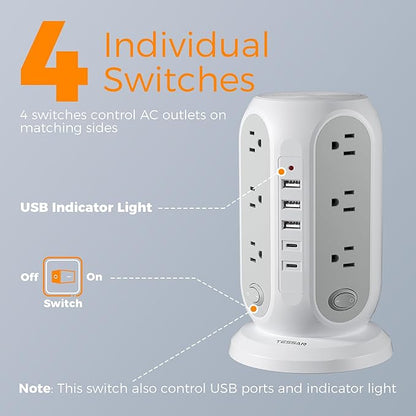 TESSAN Tower Power Strip with Individual Switches, Surge Protector with 12 Outlets, 5 USB Ports(2 USB C), Flat Extension Cord 10 Ft, 1250W, Charging Station for Multiple Devices, for Office, Dorm