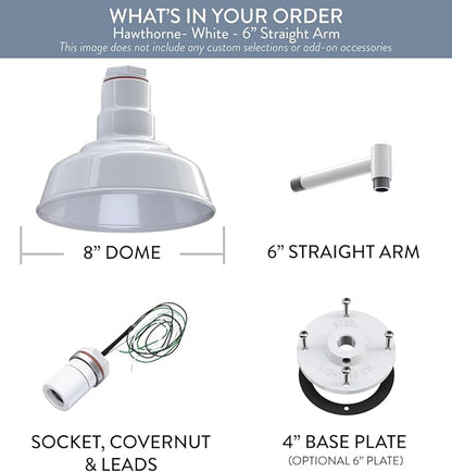 Steel Lighting Co. Hawthorne Barn Light | Outdoor Wall Mounted | 8 inch Dome | 6 inch Straight Arm| Small Farmhouse Light Made in America | White Exterior/White Interior