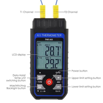 Thermocouple Thermometer Digital K Type Thermometer with 4 Thermocouples, -328~2500℉ Measuring Range HVAC Dual Channels Temperature Meter Gauge with LED Backlight & ADJ Compensation