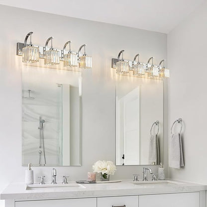 FDPBY Crystal Vanity Lights 4-Light Chrome Bathroom Vanity Lights Modern Crystal Bathroom Light Fixtures Over Mirror 32.67" Long Vanity Light for Bathroom