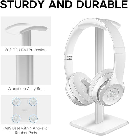 JIKIOU Headphone Stand Gaming Headset Holder Universal Aluminum Metal Headphones Holder Hanger with Aluminum Supporting Bar Flexible Headrest ABS Solid Base for All Headphone 2 Pack (White)