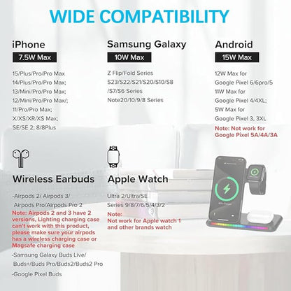 IHAO 3in1 Multifunctional Foldable Wireless Charging Station with LED Ambient Night Light Fast QC3.0 Charger for Phone, iWatch, Headphone Space-Saving Auto-Shutoff & Overcharge Protection-Black