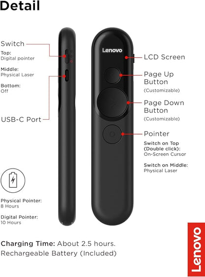 Lenovo Laser Rechargeable Presentation Remote, Bluetooth & USB, Digital & Laser Pointer, LCD Screen, Rechargeable Battery, 30M Range, Black, 500mm Cable Length