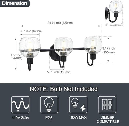 WINSHEN Modern 3-Lights Black Vanity Light Fixtures Farmhouse Metal Bathroom Lighting with Seeded Globe Glass for Hallway Kitchen Over Mirror Bedroom