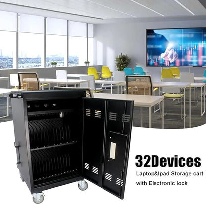 30-Device Mobile Charging Cart with Power Strip, Locks, Cable Management, Up to 16.3" Safe Charging Cabinet for Chromebooks, Tablets, Laptops. Black with Code Lock