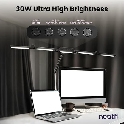 Neatfi (New Model) 3,000 Lumens LED Desk Lamp, Dimmable, 360 SMD LEDs, 30W, CRI 95, Adjustable Light Modes, Task Lamps for Home Office, Study Lamp, Desk Light Bar (CCT with Clamp, Black, 44 Inches)