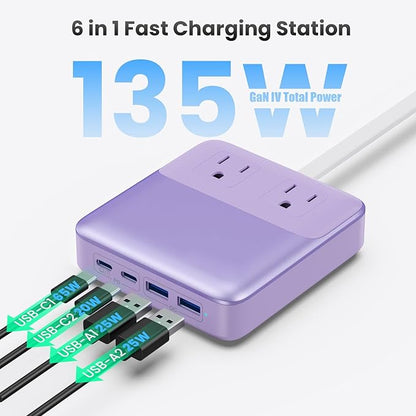 USB C Charger Block,135W GaN Fast Charging Station Hub,6-in-1 USB C Power Strip with 5ft Cord,2 AC & 2 USB A & C,PD 65W Laptop Charger for MacBook Air/Pro,iPhone16 (Purple)