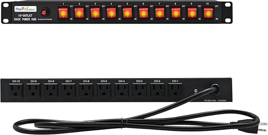 ThePoEstore 10-Outlet 1U Rack Mount Power Strip - Surge Protector, Features 10 Front Switches with LED Light - Ideal, w/ 6 ft Cord for Network Server Racks and Cabinets
