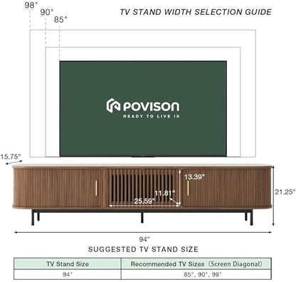 POVISON Fully-Assembled Mid Century Modern Black TV Stand with White Matte Travertine Stone Tabletop & LED Lights, Rolling Door Media Console, Wood TV Console for Living Room