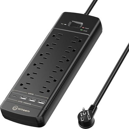 Witeem Surge Protector Power Strip - 12 Outlets,3 USB+USB-C 3.4A Ports, 6Ft Extension Cord, 1875W/15A, 4360Joules, Overload Protection - Ideal for Home & Office Use (Black-USBC)