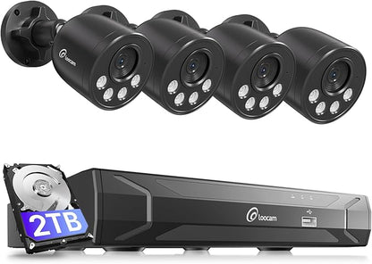 Loocam PoE Security Camera System 8MP 8CH NVR H.265+ 2TB HDD, 4pcs 4K Wired PoE Camera System AI Human Vehicle Detection, Outdoor Indoor Home Security Camera System 24/7 Recording, Remote Access