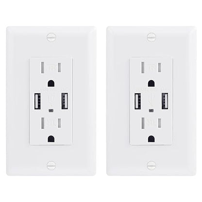 EverElectrix 2 Pack 4.8A Wall Outlet With USB Ports - 15Amp Duplex Tamper Resistant Charger, UL Listed, Electrical Receptacle With Dual USB, White