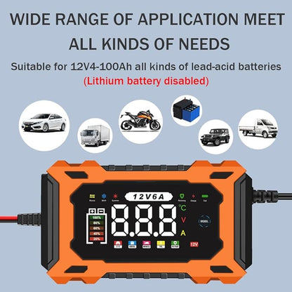 6-Amp 12V Smart Car Battery Charger, Battery Maintainer Trickle Charger with Desulfator, Pulse Repair & Overcharge Protection - for Car Lawn Mower Marine Lead-Acid Batteries (Orange)